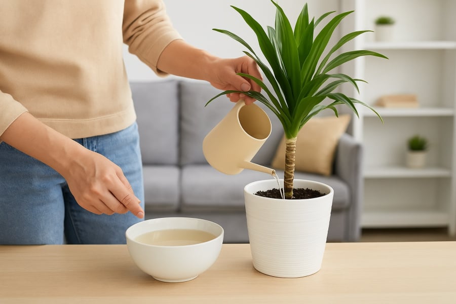 Tưới cây bằng nước vo gạo pha loãng – mẹo dân gian giúp kích rễ tự nhiên và bền vững.