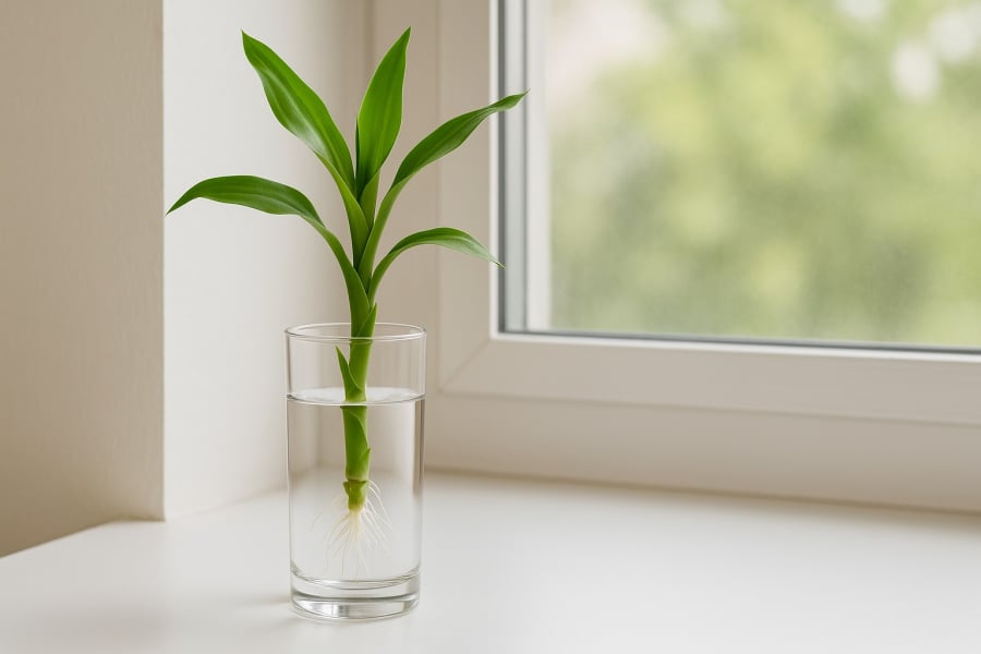 Ngâm gốc cây phát tài trong nước sạch giúp rễ nhú nhanh, cây phát triển khỏe mạnh.