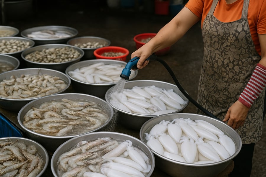 Tôm, mực tại chợ có thể đã được xử lý bằng hóa chất để trông trắng và bắt mắt hơn.