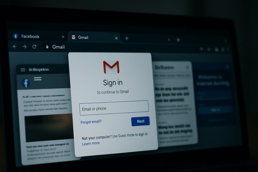 Tab giả mạo giao diện Gmail đang “ẩn mình” giữa những tab quen thuộc – người dùng dễ bị đánh lừa nếu không kiểm tra kỹ địa chỉ trang web.