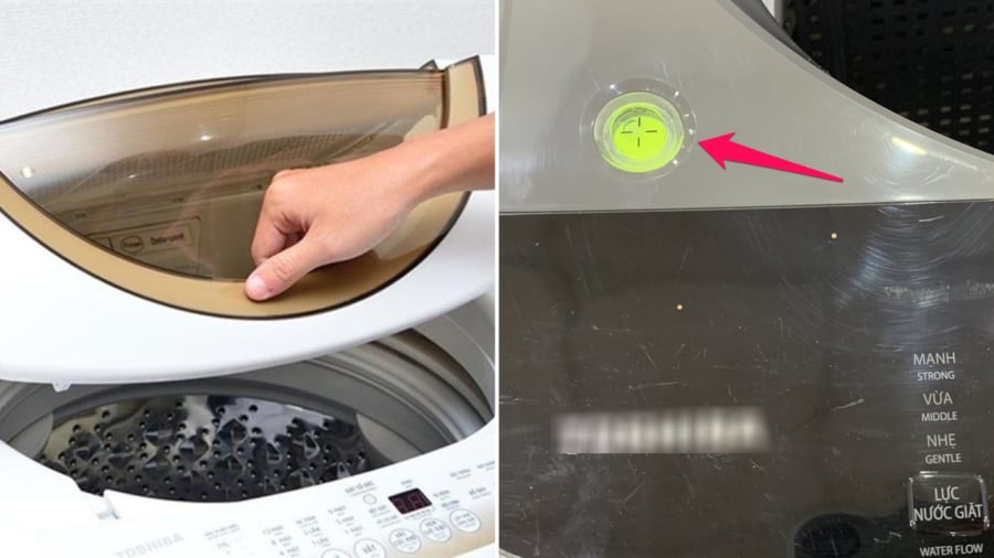 Trên máy giặt có một thước thủy dịch để kiểm tra độ cân bằng của máy.
