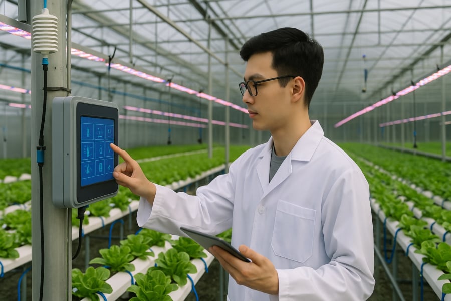 Sinh viên ngành Nông nghiệp Công nghệ cao thực hành tại mô hình nhà kính ứng dụng công nghệ thông minh.