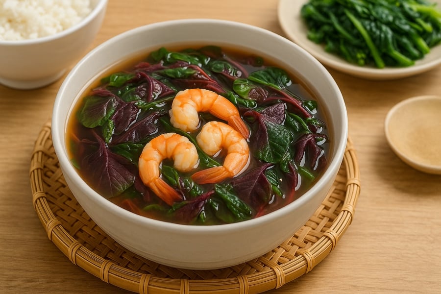 Món canh rau dền đỏ nấu tôm – thanh mát, bổ máu, hỗ trợ giải nhiệt và bảo vệ gan.
