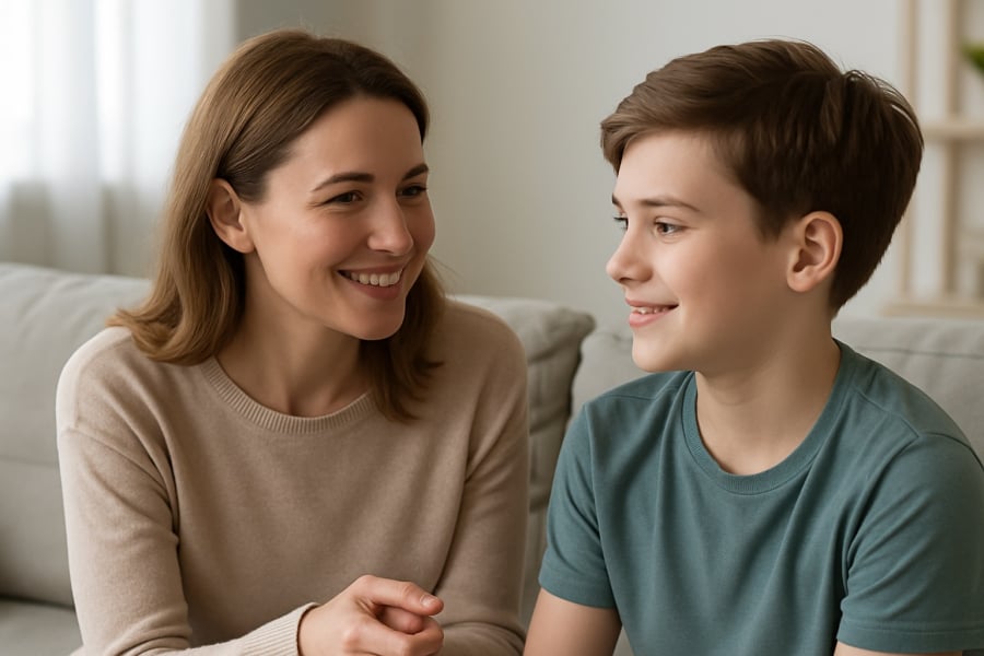 Một buổi tối bình yên, mẹ ngồi bên con trai và lắng nghe tâm sự về bài kiểm tra đạt 9 điểm. Ánh mắt mẹ tràn đầy yêu thương và sự thấu hiểu, tạo nên khoảnh khắc ấm áp