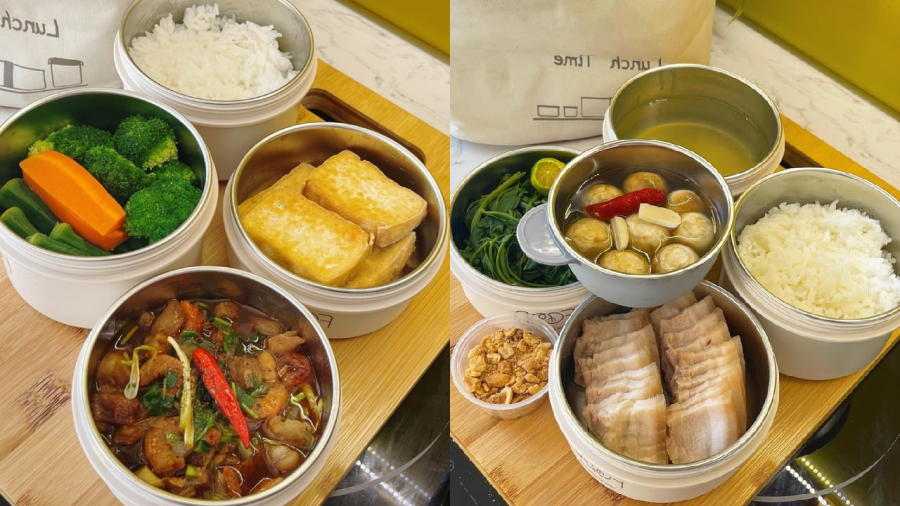 Hai thực đơn cơm trưa dân dã gồm Đậu rán, rau củ luộc, kho quẹt hoặc thịt luộc, rau luộc, cà muối, muối vừng.
