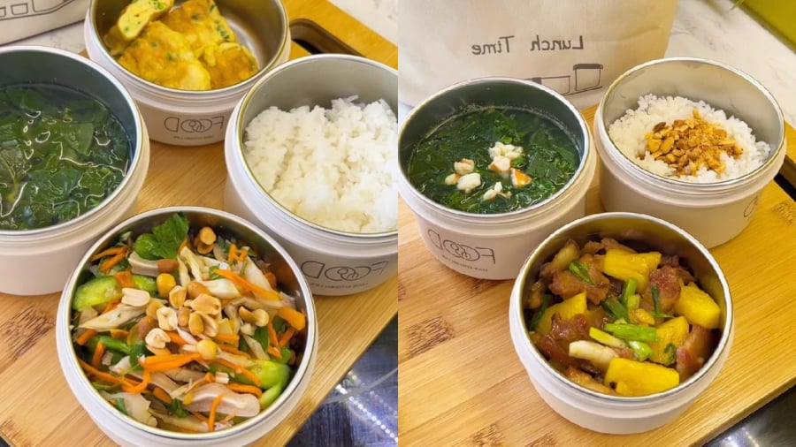 Thực đơn cơm trưa dễ nấu, dễ ăn gồm trứng rán, nộm tai heo, canh rau hoặc thịt rang dứa, canh rau, cơm muối lạc.