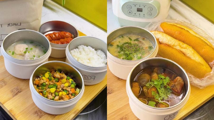 Một bữa cơm đơn giản gồm thịt băm xào rau củ, xúc xích, canh khoai. Để đổi bữa, bạn có thể thay cơm bằng bánh mì, ăn cùng thịt bò kho và thêm một phần súp hoặc cháo.