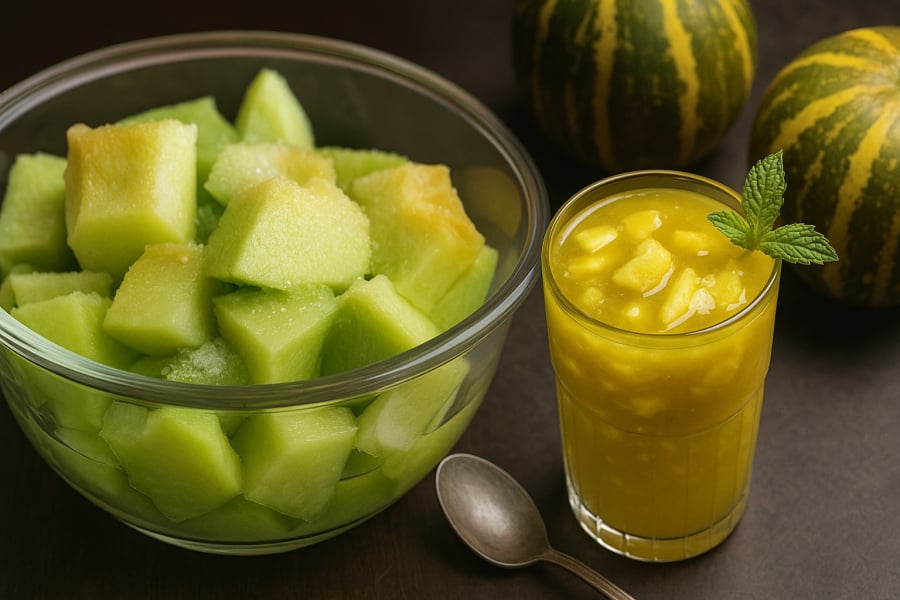 Dưa bở chín tới – thơm, ngọt, mát ruột, thường được dằm đường, dằm sữa hoặc ăn mát như kem trong những trưa hè oi ả.
