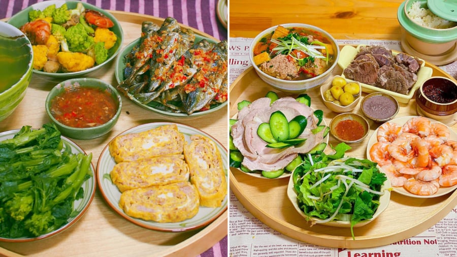 Hai mâm cơm mùa hè với các món ăn có cách chế biến đơn giản như trứng đúc thịt, cá nục chiên, bắp bò ngâm...