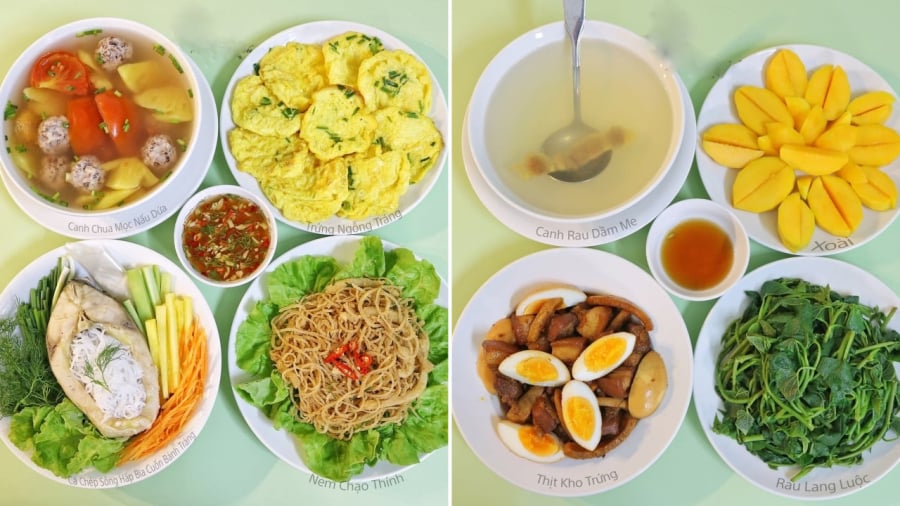 Mâm cơm mùa hè đơn giản với các món như cá chép hấp, nem thính, trứng rán, thịt kho cùng các loại rau luộc, trái cây.