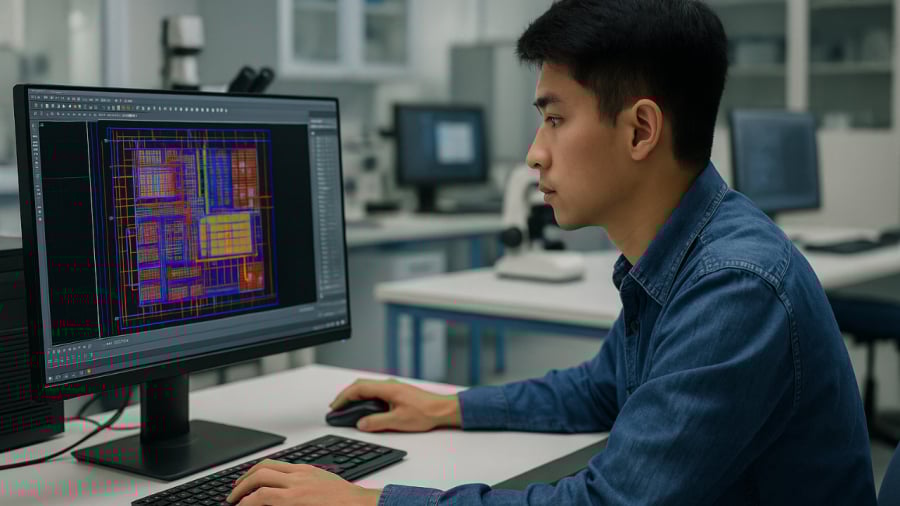 Sinh viên ngành vi mạch bán dẫn thực hành thiết kế chip tại phòng thí nghiệm – nơi đòi hỏi trang thiết bị chuyên sâu và kỹ năng công nghệ cao.