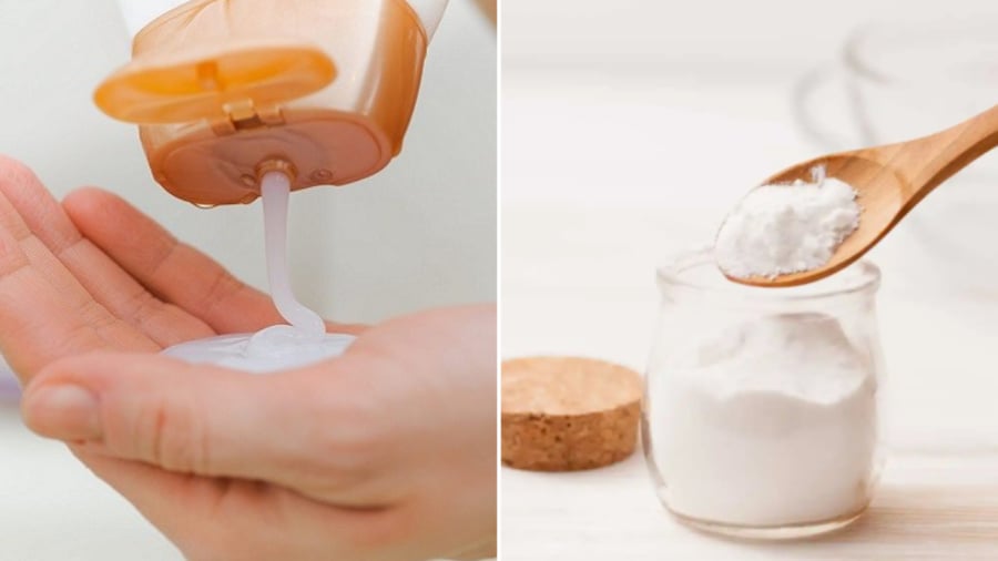 Trộn dầu gội với baking soda sẽ giúp làm sạch gàu và dầu thừa, giúp da đầu thông thoáng, kích thích mọc tóc.