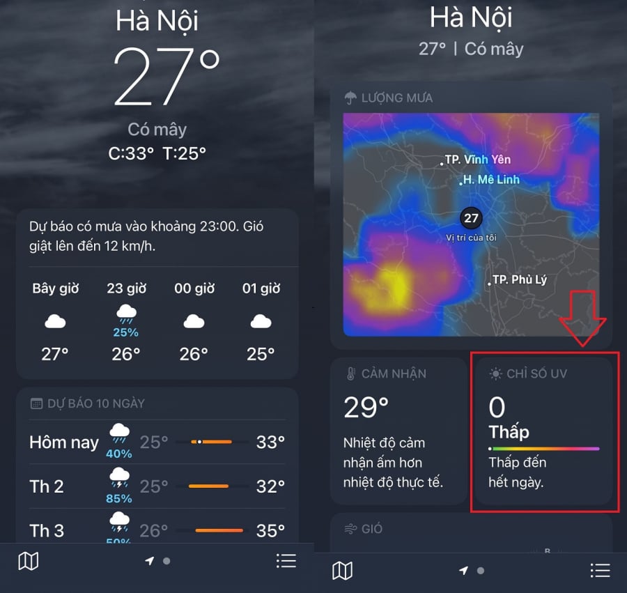 Xem chỉ số tia UV trong ứng dụng thời tiết trên điện thoại iOS.