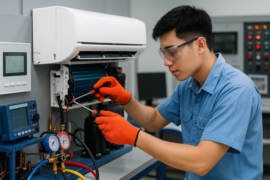 Sinh viên ngành Kỹ thuật máy lạnh và điều hòa không khí được đào tạo thực hành ngay từ năm đầu.