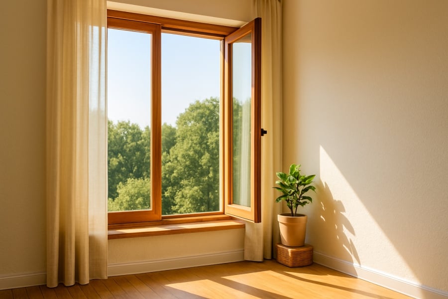 Cửa sổ mở ra hướng Đông đón ánh sáng buổi sáng – khơi nguồn năng lượng cho cả ngôi nhà