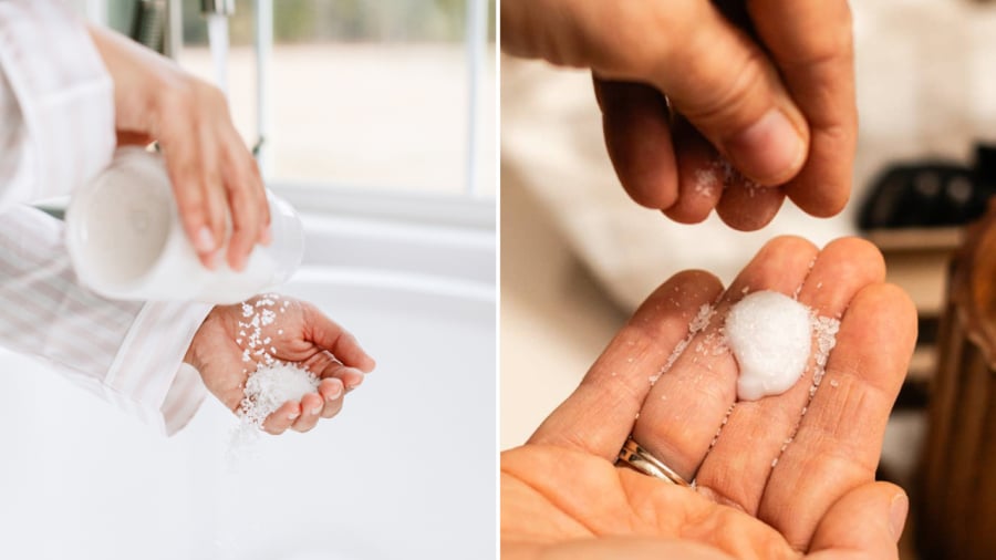 Trộn dầu gội với muối mang lại hiệu quả tốt trong việc làm sạch da dầu.