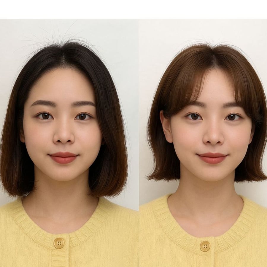 Tóc ngắn ngôi giữa thường gây cảm giác chững chạc nên tạo mái lệch hoặc cắt ngắn hơn