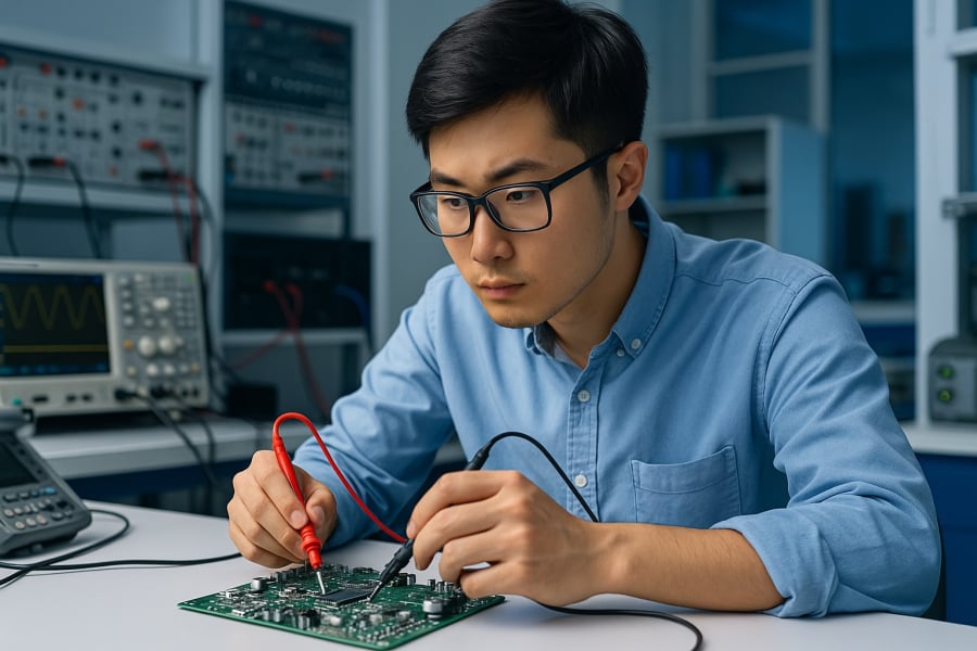 Sinh viên ngành Kỹ thuật Điện tử – Viễn thông thực hành tại phòng lab, nơi kết nối giữa lý thuyết và thực tiễn công nghệ.