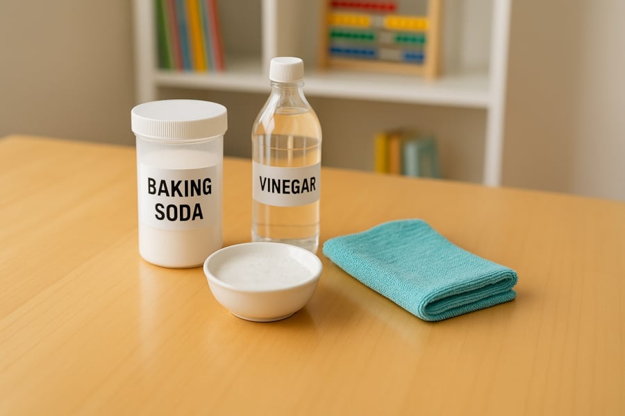 Baking soda + giấm: Công thức ‘thần thánh’ giúp đánh bay vết mực cứng đầu mà không làm hỏng gỗ.