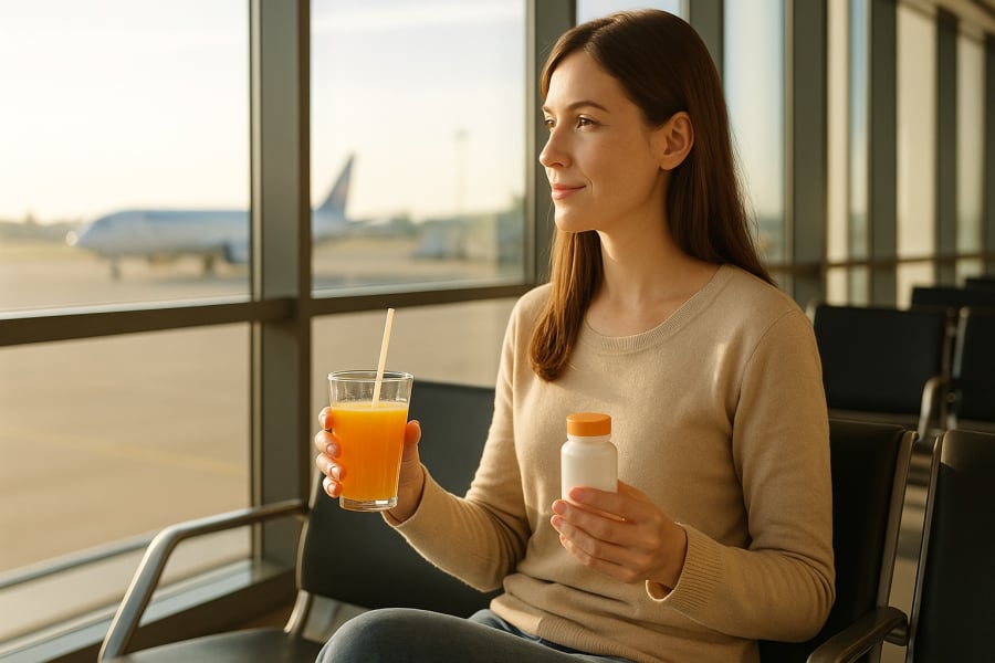 Uống vitamin C và kẽm trước khi bay giúp tăng sức đề kháng, giảm nguy cơ nhiễm bệnh.