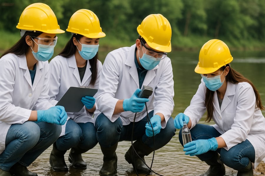 Sinh viên ngành Kỹ thuật Môi trường thực hành khảo sát thực tế tại hiện trường.