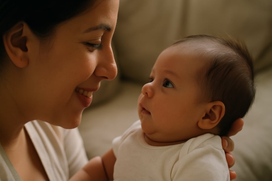 Ánh mắt trẻ nhìn mẹ thể hiện tình yêu sâu sắc và sự kết nối đặc biệt.