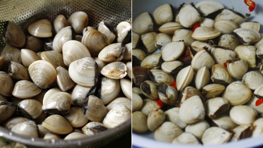 Bạn cần phải ngâm ngao trong nước để ngao nhả sạch cát trước khi nấu.