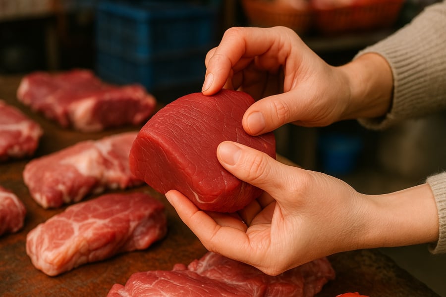Kiểm tra độ dẻo và mùi thịt – bước đơn giản để phân biệt thịt bò thật, giả.