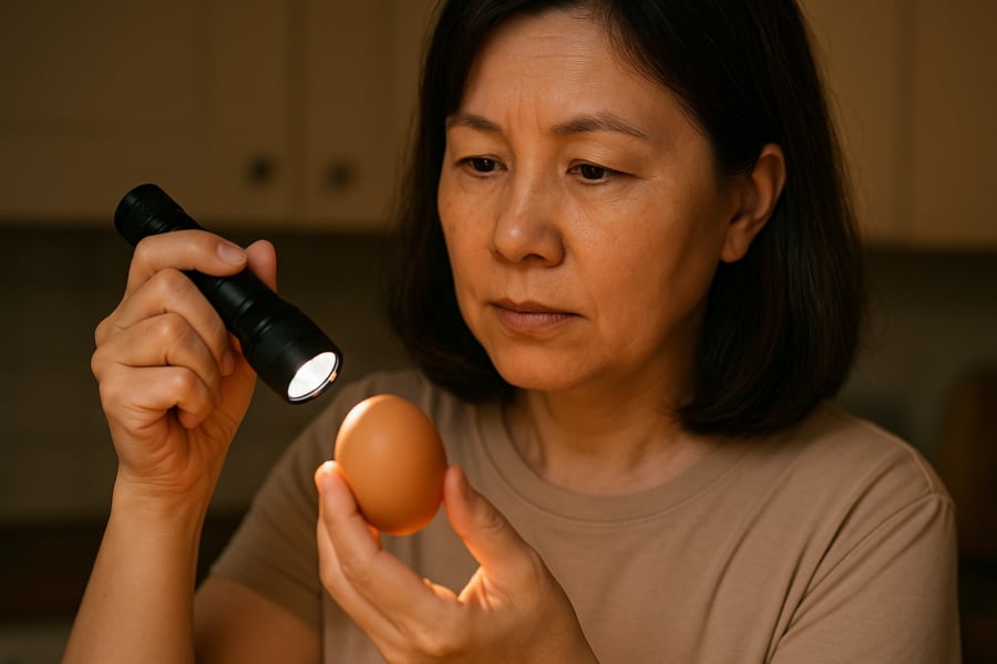 Kiểm tra trứng bằng cách soi dưới ánh sáng giúp nhận biết trứng tươi hay đã hỏng.