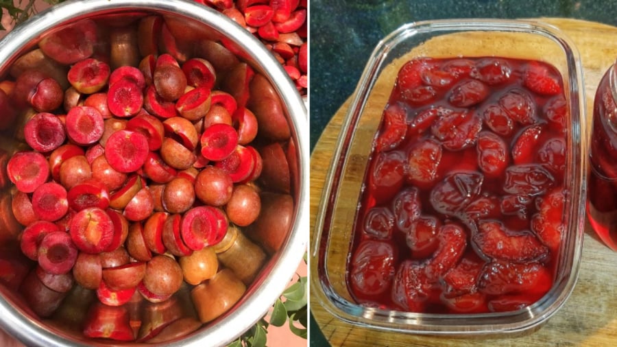 Mận ngâm đường để làm siro mận.