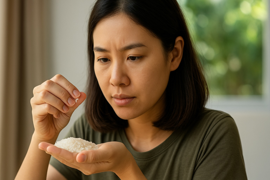 Cẩn thận quan sát màu sắc và độ bóng để nhận biết gạo sạch không tẩy trắng.