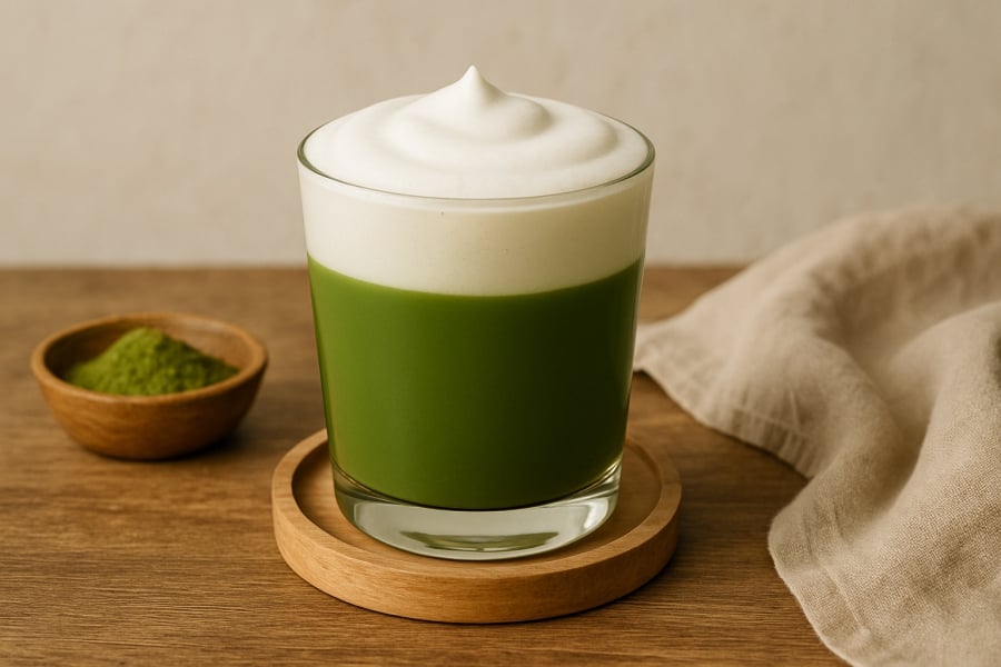 Một ly matcha latte đẹp mắt với lớp bọt kem trắng mịn, tô điểm thêm sự hấp dẫn cho đồ uống lành mạnh.