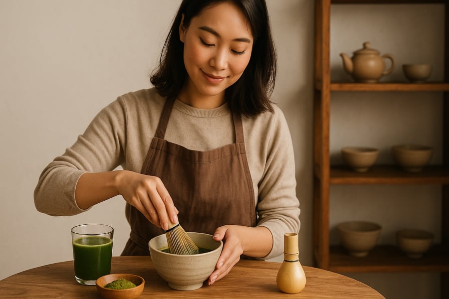 Một cô gái trẻ đang chăm chú pha matcha theo cách truyền thống, tạo ra một tách trà xanh thơm ngát.