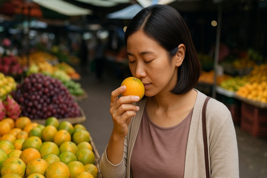 Ngửi mùi cuống cam giúp nhận biết trái cây chín tự nhiên hay ngâm hóa chất.