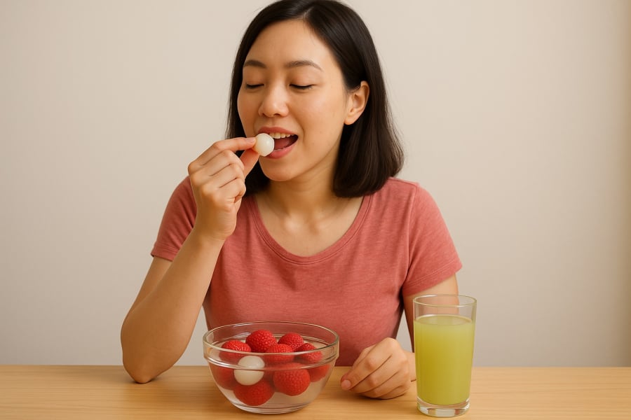 Thưởng thức vải thiều ướp lạnh cùng nước mát là cách tuyệt vời để giải nhiệt.