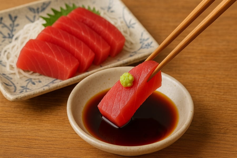 Sashimi cá ngừ – món khoái khẩu giàu omega‑3, tốt cho tim mạch và làn da phụ nữ Nhật.