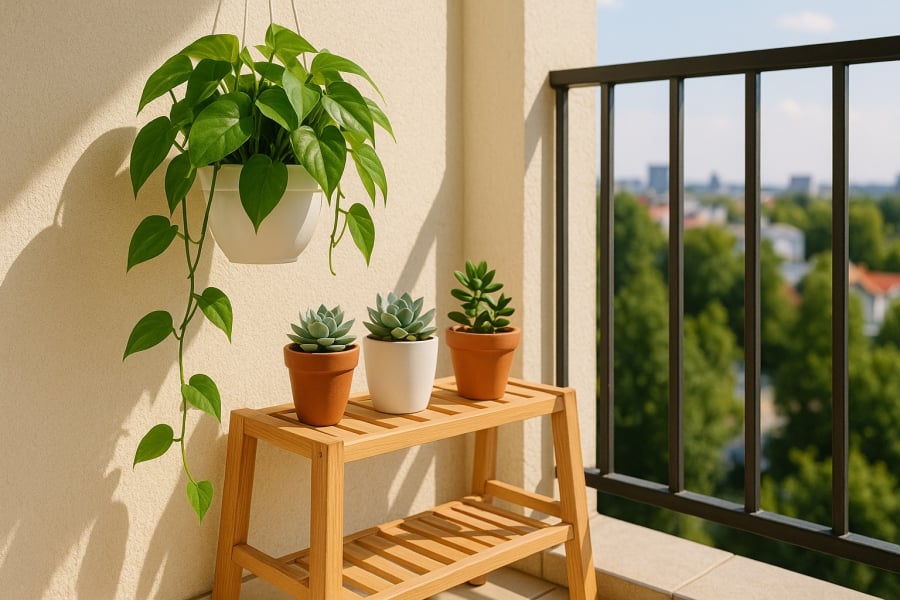 Góc ban công tươi mới nhờ trầu bà, sen đá – điểm nhấn phong thủy hút may mắn.