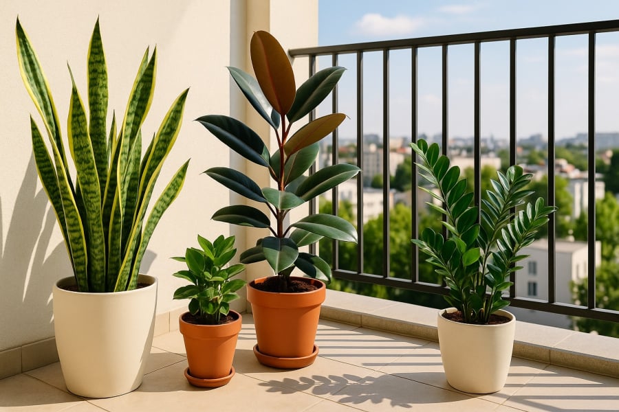 Ban công xanh mát với cây lưỡi hổ, kim tiền, đa búp đỏ – vừa đẹp nhà vừa rước tài lộc.