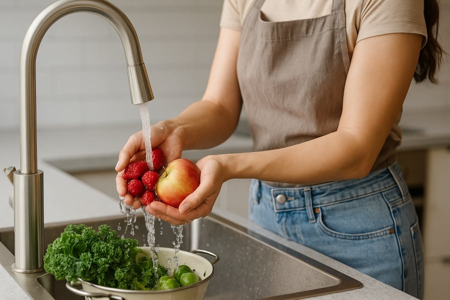 Rửa kỹ rau quả dưới vòi nước chảy giúp giảm đáng kể dư lượng thuốc trừ sâu.