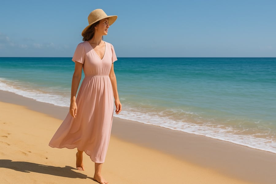 Thanh lịch và dịu dàng với váy maxi, mũ rộng vành trên biển miền Trung tháng 7