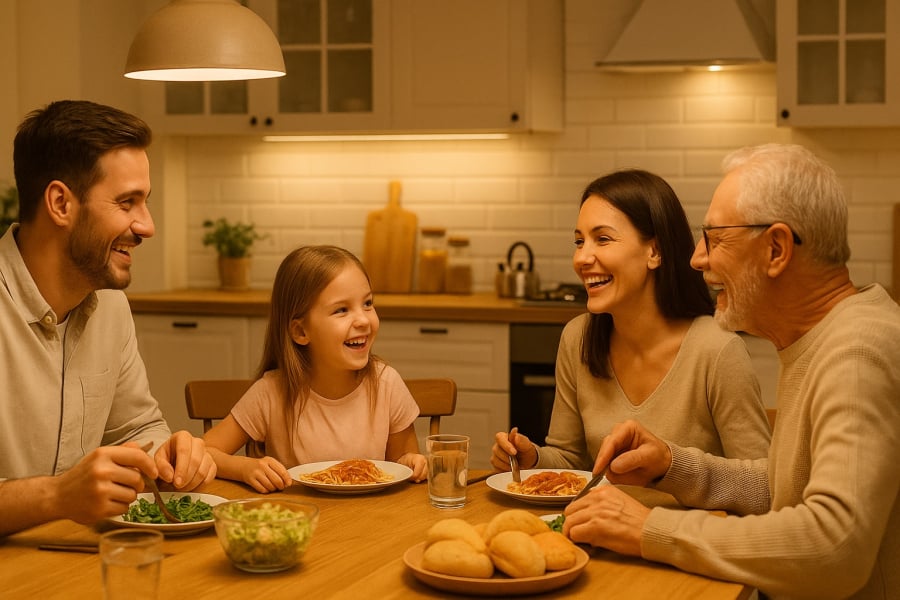 Không khí an hòa trong bữa ăn giúp gắn kết các thành viên và nuôi dưỡng tình cảm gia đình.