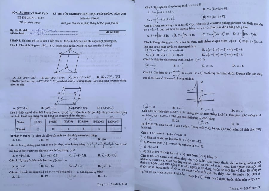 Đề thi Toán tốt nghiệp THPT năm 2025 mã đề 0101 trang 1-2.
