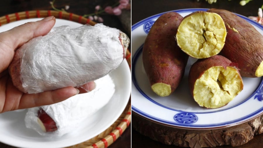 Dùng giấy ăn và màng bọc thực phẩm gói kín củ khoai rồi cho vào lò vi sóng để làm chín.
