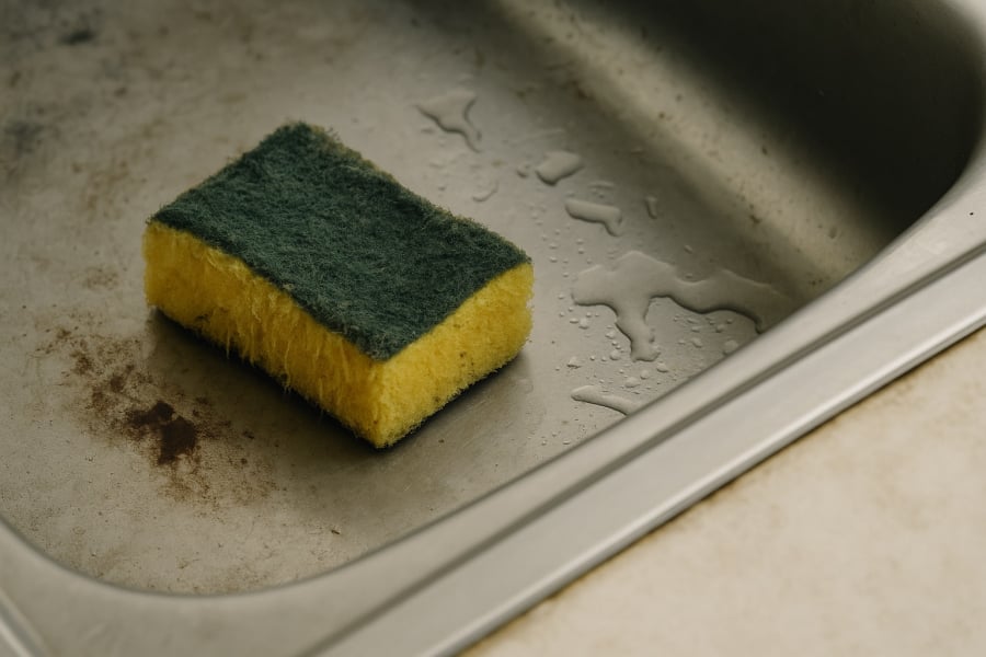 Miếng rửa chén bị sờn cũ để trên bồn rửa – nguồn phát tán vi nhựa tiềm ẩn trong căn bếp.