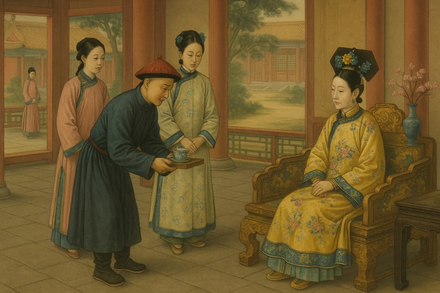 Thái giám đang dâng trà cho một phi tần trong hậu cung Tử Cấm Thành – minh chứng cho thân phận đặc biệt của họ giữa chốn cung đình khép kín.
