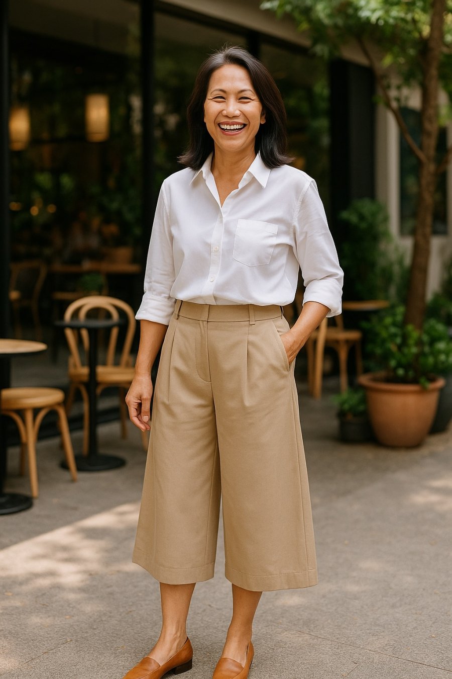 Phối đồ đơn giản với sơ mi trắng và quần culottes giúp tôn dáng, toát lên khí chất sang trọng ở tuổi 50+.