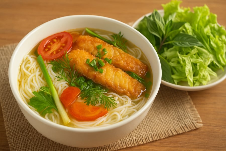 Tô bún cá chuẩn vị với đầy đủ sắc – hương – vị: cá giòn rụm, nước chan thanh ngọt và rau sống tươi giòn.