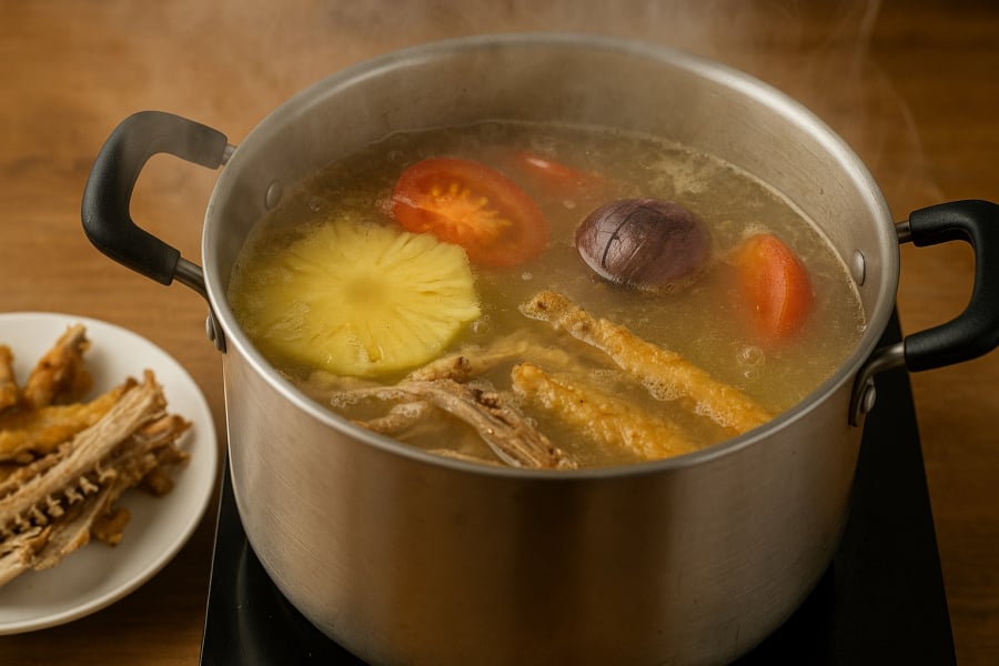 Nồi nước lèo ninh từ xương và rau củ, tạo vị ngọt dịu và trong veo – bí quyết vàng cho món bún cá ngon miệng.