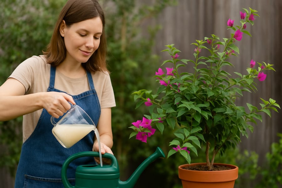 Nước vo gạo – bí quyết đơn giản nhưng hiệu quả giúp cây hoa giấy ra hoa bền và sai nụ.