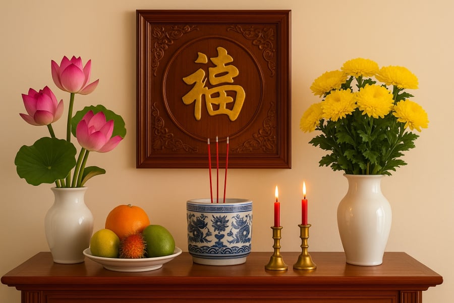 Hoa sen và cúc vàng là lựa chọn lý tưởng mang lại sự thanh tịnh và vượng khí cho bàn thờ ngày Rằm.